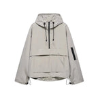 Light grey hooded anorak jacket with half-zip, kangaroo pocket and adjustable hem drawstrings, front flat lay view