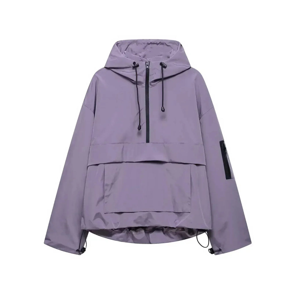 Purple hooded anorak jacket with half-zip neckline, zip sleeve pocket and relaxed oversized silhouette, flat lay