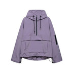 Purple hooded anorak jacket with half-zip neckline, zip sleeve pocket and relaxed oversized silhouette, flat lay