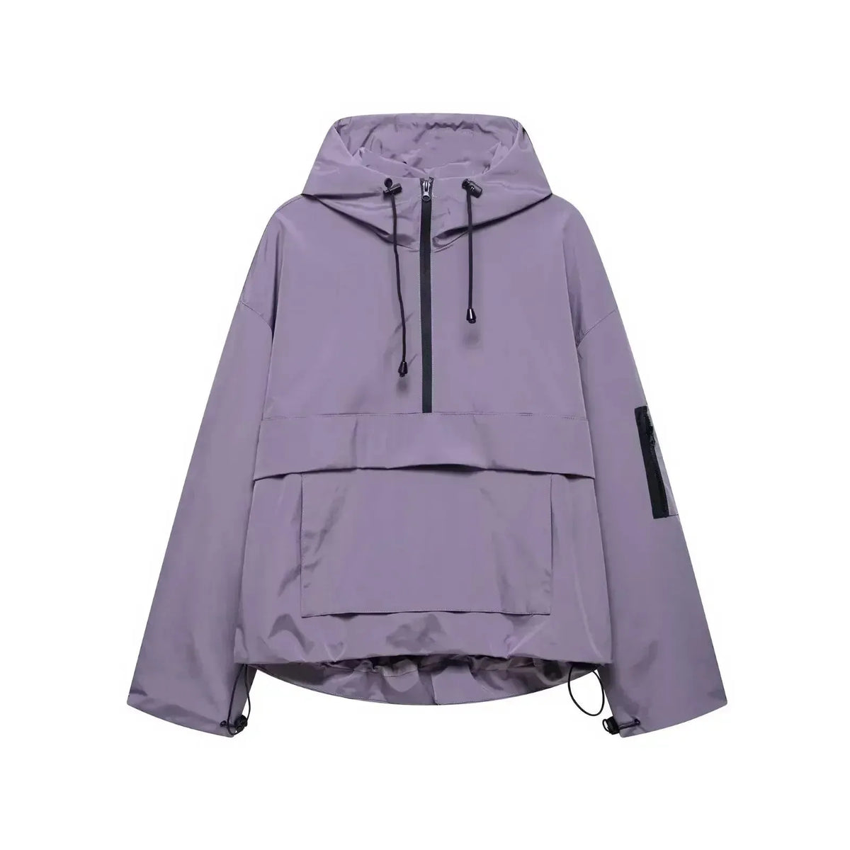Purple hooded anorak jacket with half-zip neckline, zip sleeve pocket and relaxed oversized silhouette, flat lay