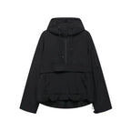 Black hooded anorak jacket with half-zip front, drawstring hood toggles and front pouch pocket, flat lay view