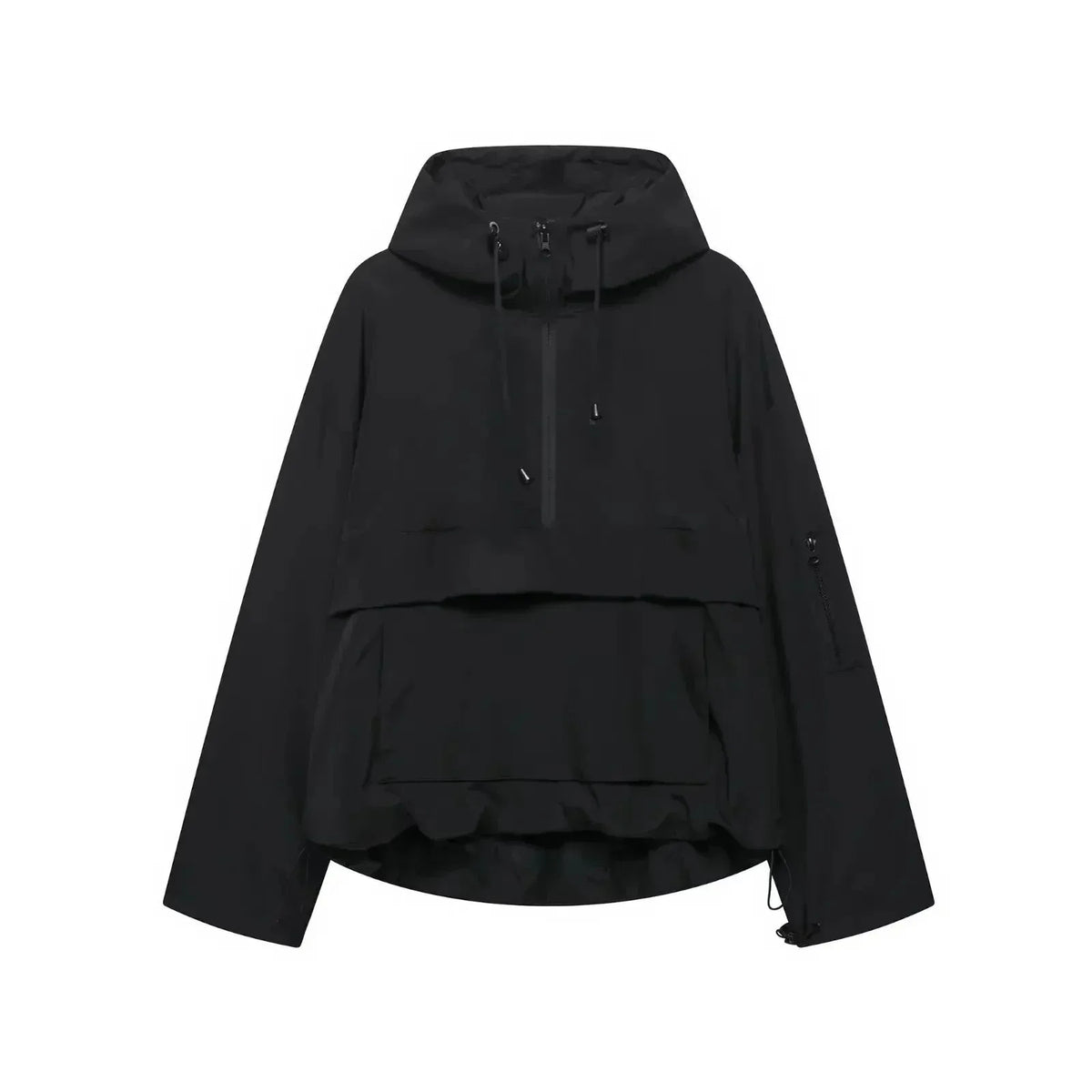 Black hooded anorak jacket with half-zip front, drawstring hood toggles and front pouch pocket, flat lay view