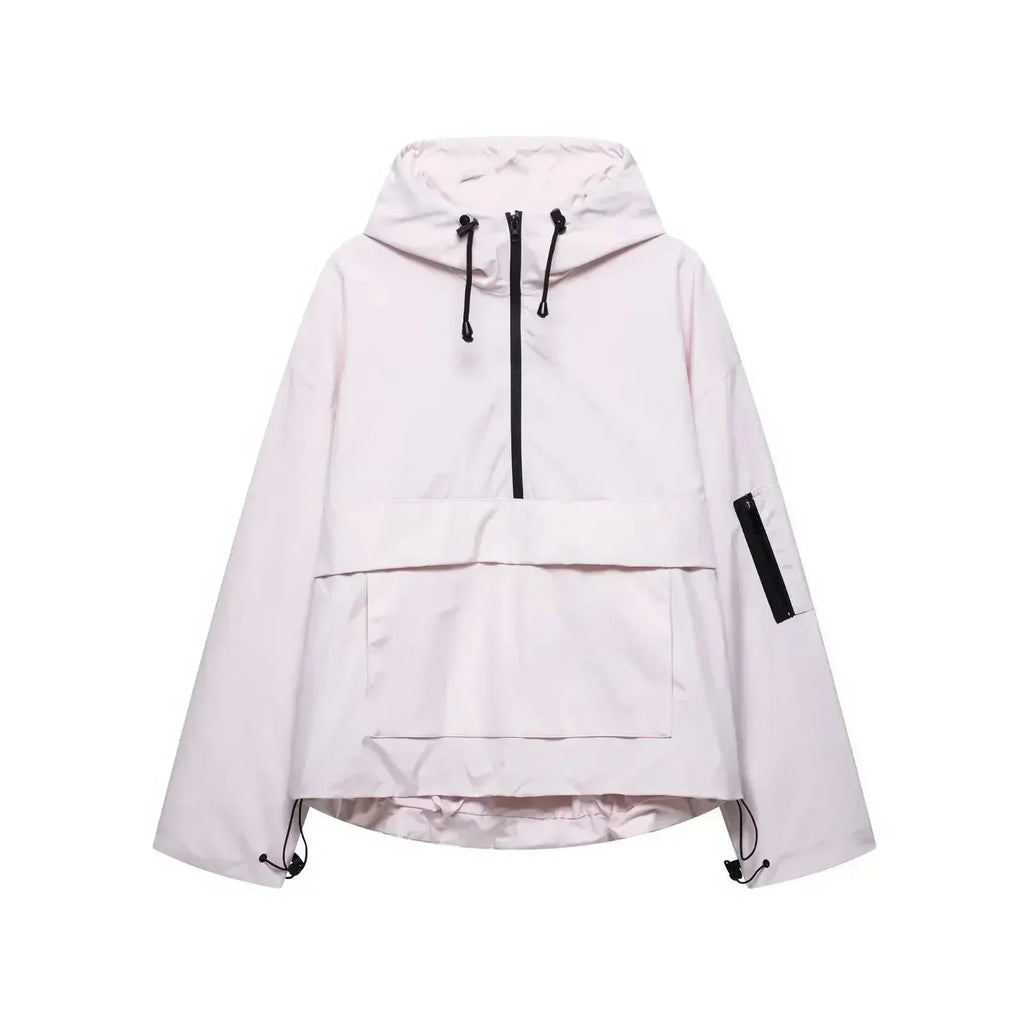 Pale pink hooded anorak jacket with half-zip, zip sleeve pocket and dropped hem, front flat lay on white background