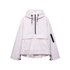 Pale pink hooded anorak jacket with half-zip, zip sleeve pocket and dropped hem, front flat lay on white background