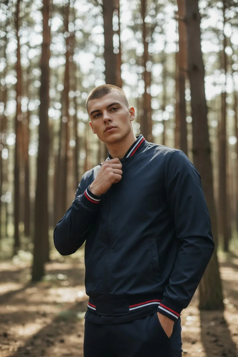 Man adjusting the collar of his navy bomber jacket, highlighting the red, white and navy stripe detail.