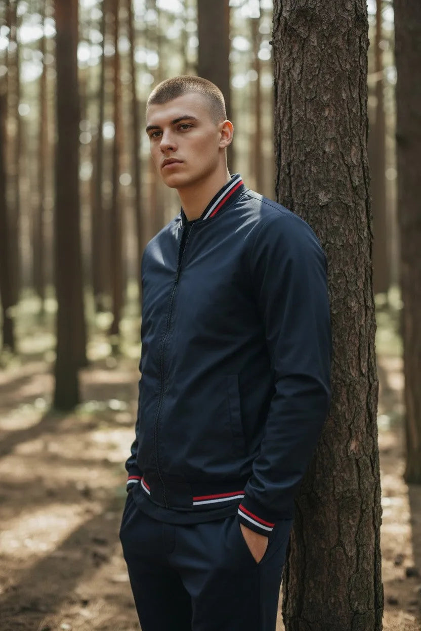 Side view of a man in a navy bomber jacket leaning against a tree, showing the zip front and ribbed hem stripes.