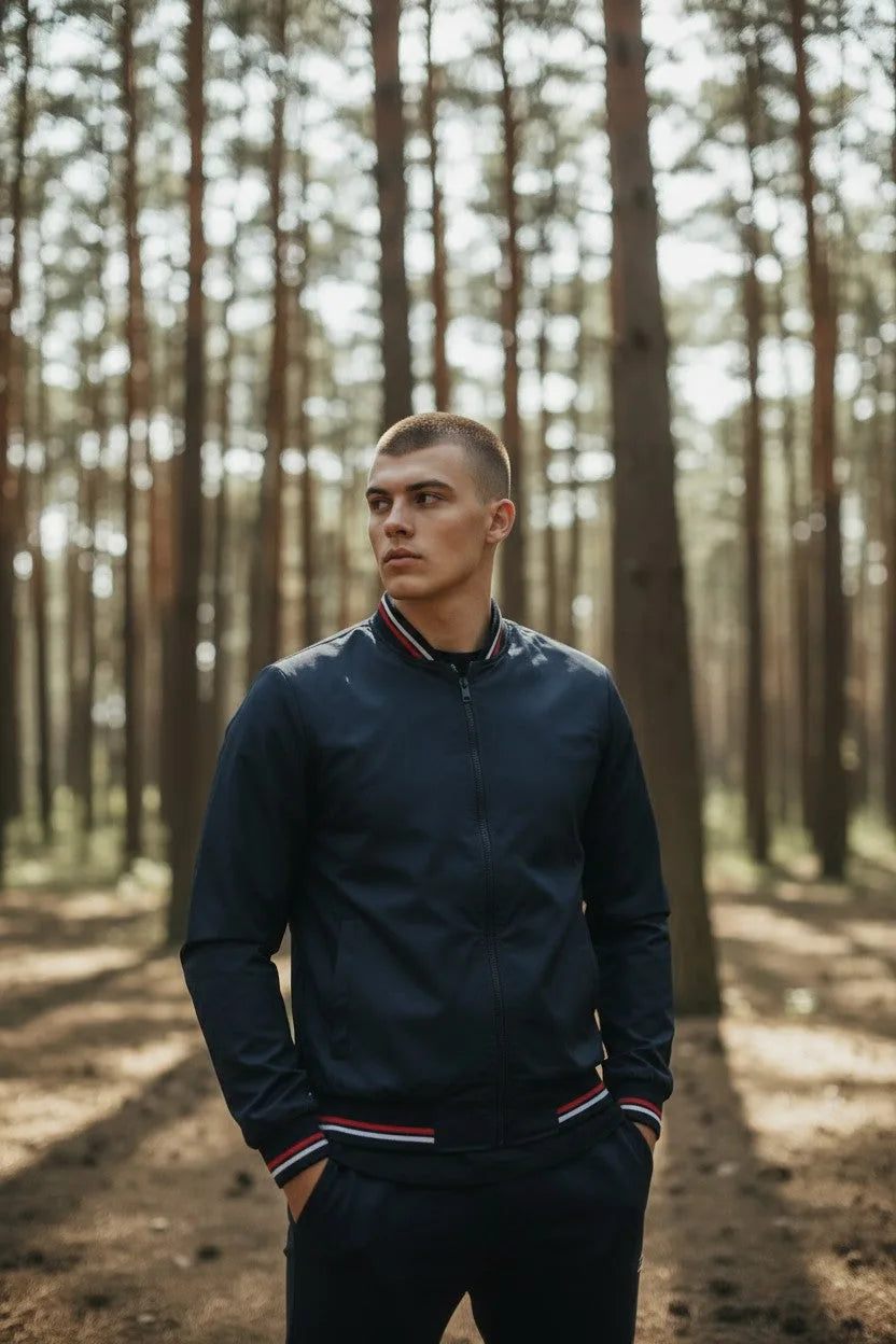 Man in navy bomber jacket looking off to the side, showcasing the smooth fabric finish and relaxed fit.
