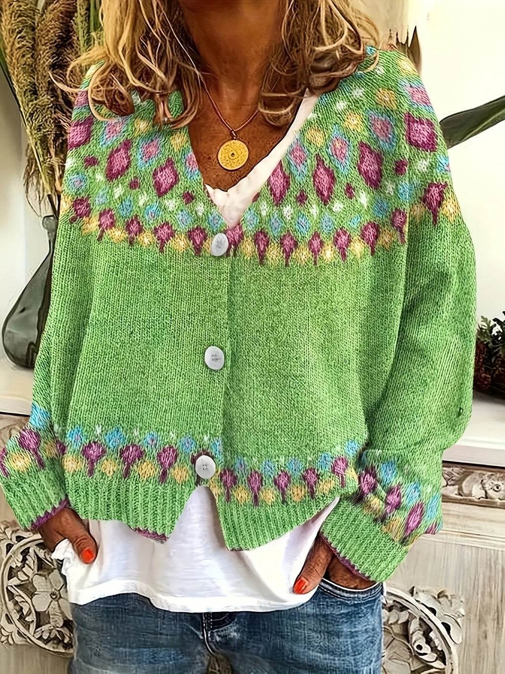 Close-up front view of a green patterned knit cardigan with V-neck, white buttons and Fair Isle yoke, worn over a white top