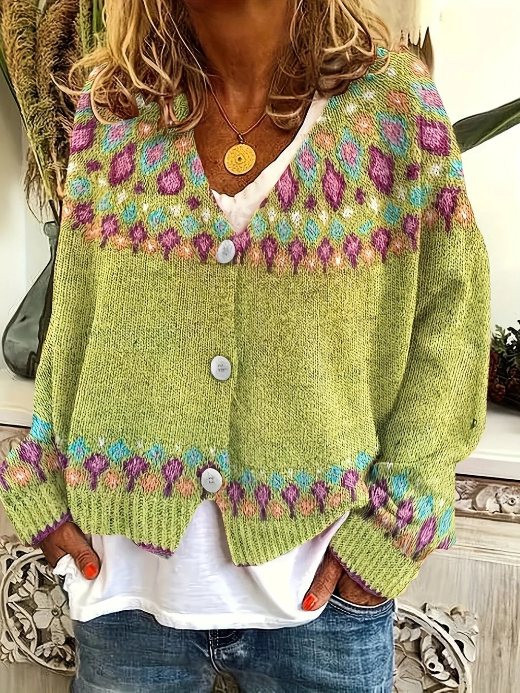 Alternative front view showing the green cardigan's textured knit, pastel diamond motifs and relaxed sleeves