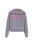 Flat lay back view of the grey cardigan highlighting the Fair Isle diamond pattern across the shoulders