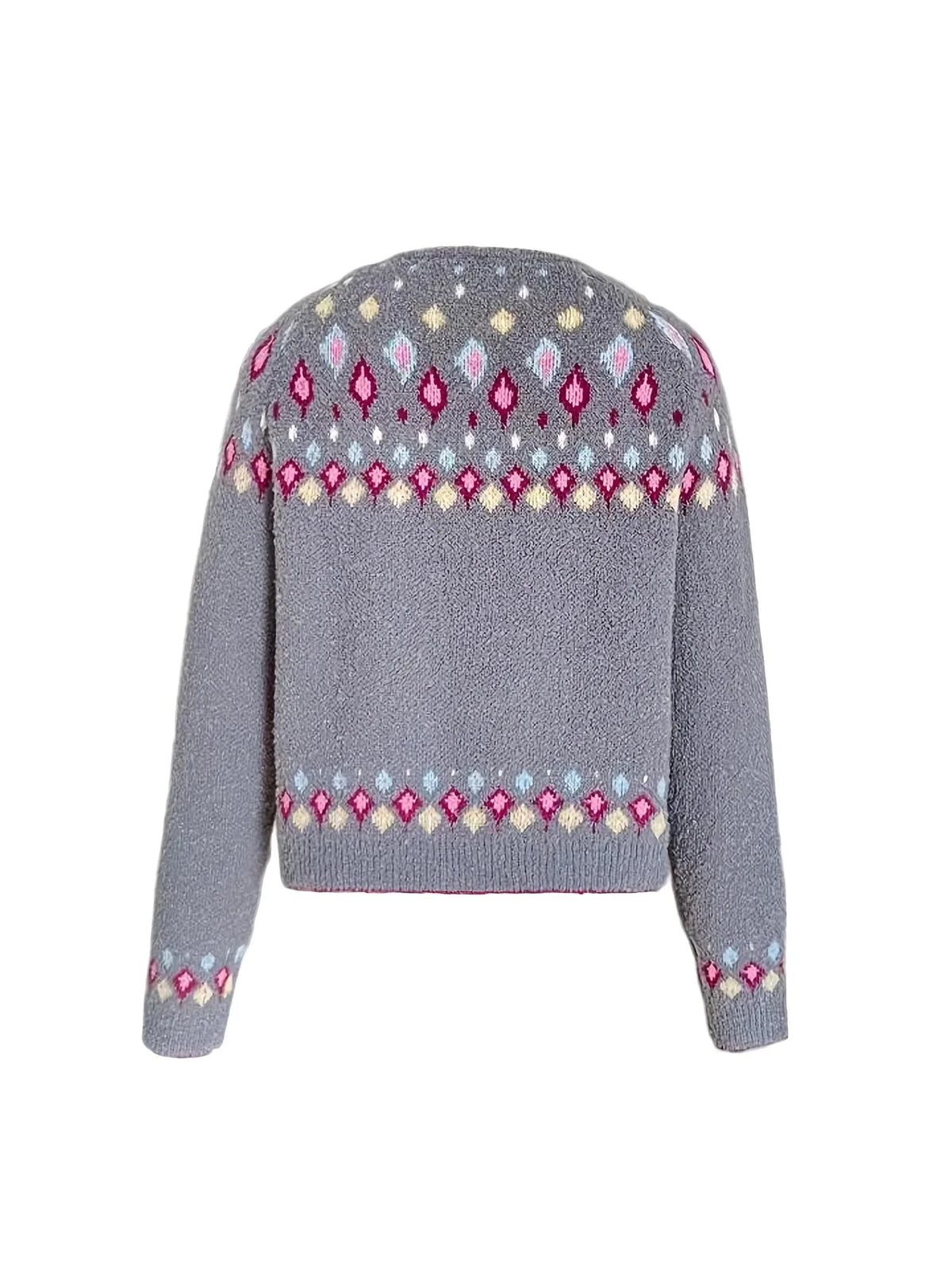 Flat lay back view of the grey cardigan highlighting the Fair Isle diamond pattern across the shoulders