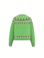 Flat lay back view of the green cardigan showing the colourful patterned yoke against the solid knit body