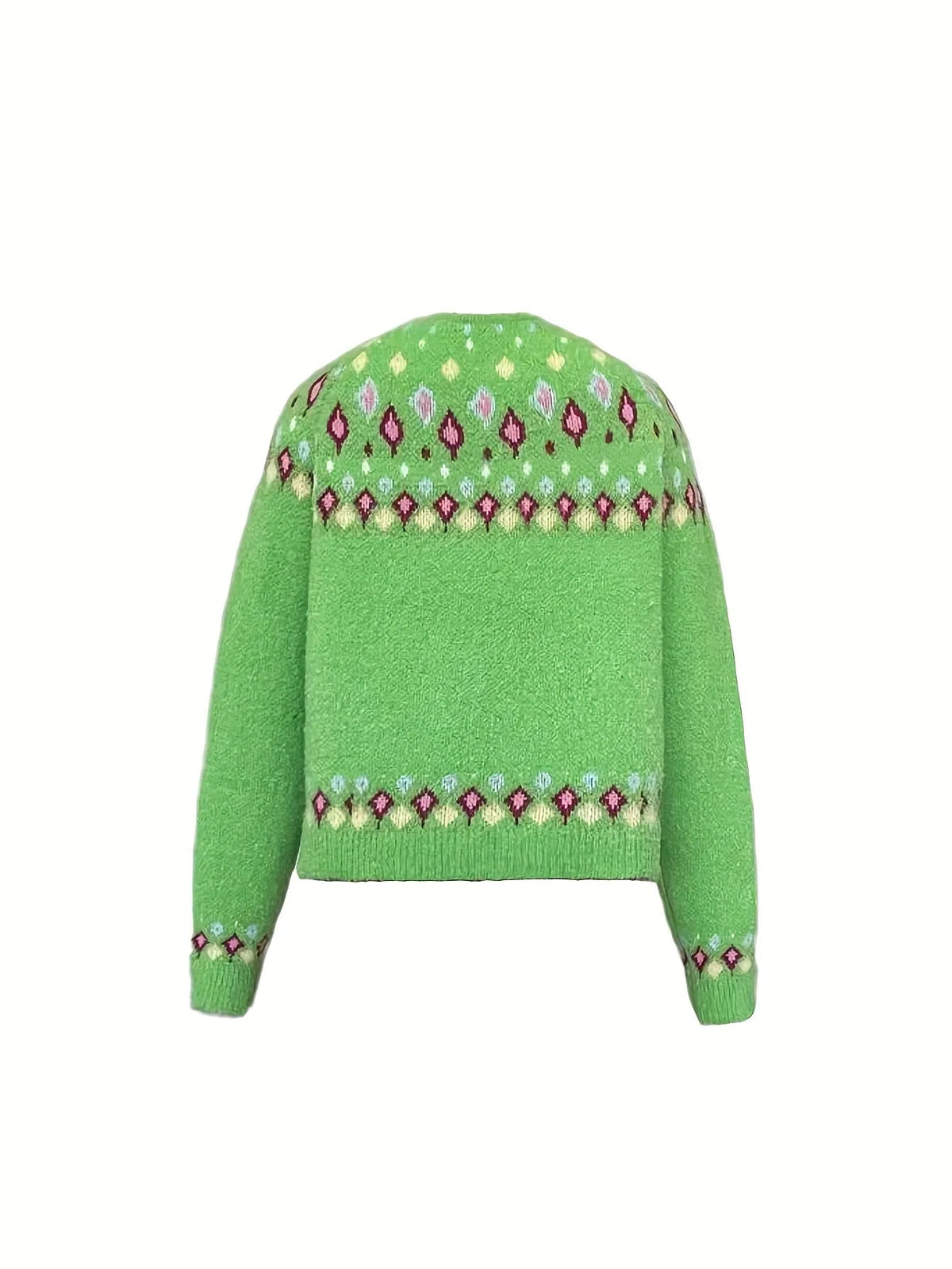 Flat lay back view of the green cardigan showing the colourful patterned yoke against the solid knit body