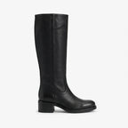 Side profile of knee high black leather boot with pebbled texture, round toe and stacked block heel