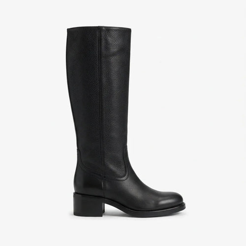 Side profile of knee high black leather boot with pebbled texture, round toe and stacked block heel