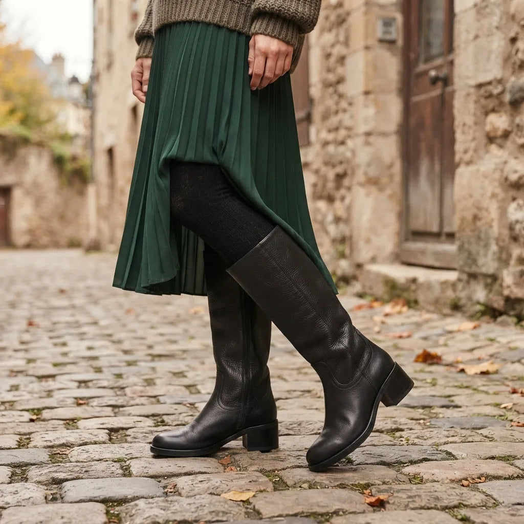 Woman walking down a cobbled street in black knee high leather boots, paired with a green pleated skirt