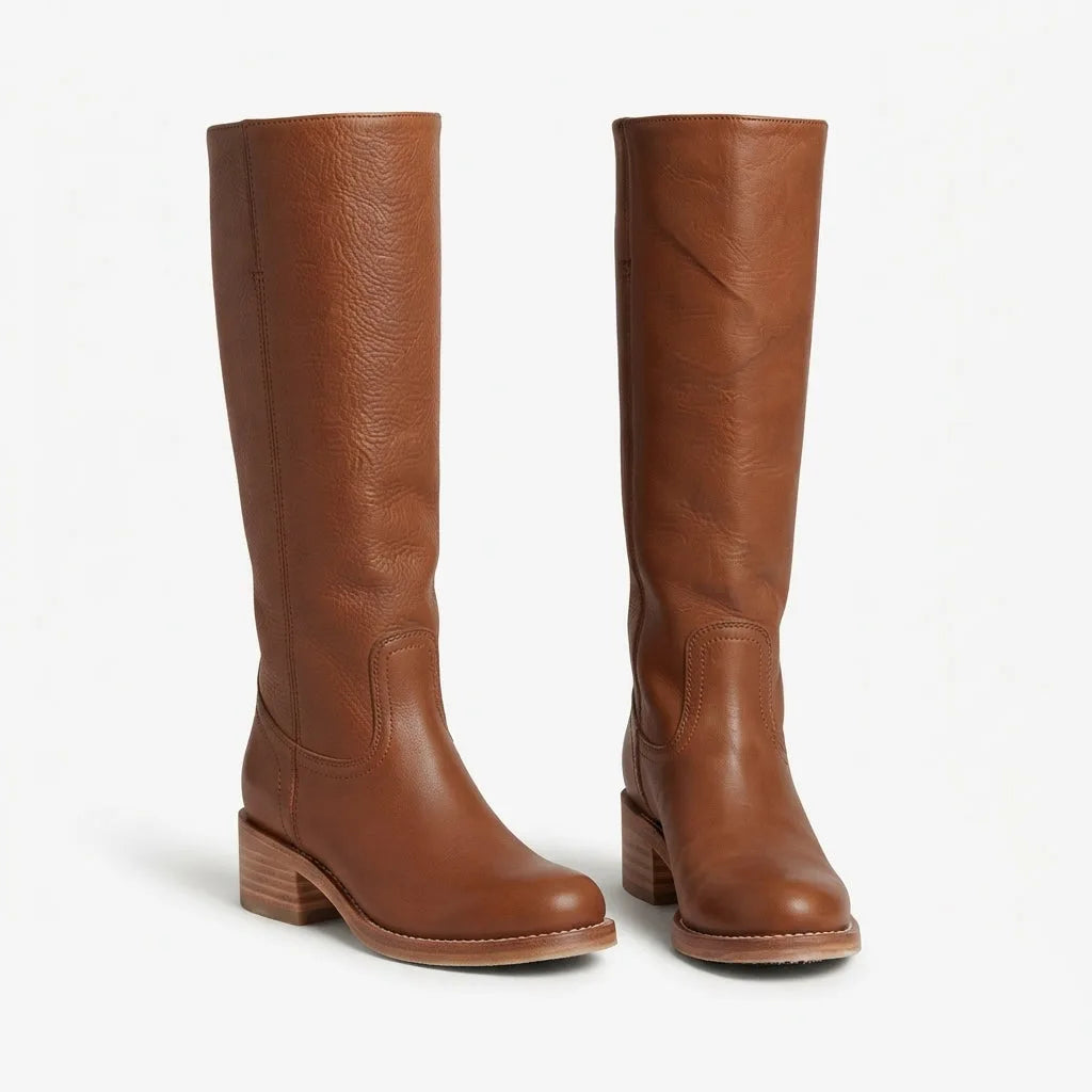 Three-quarter view of tan brown leather knee high boots with stacked wooden heel and round toe