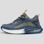 Rear-quarter studio view highlighting the ribbed knit upper texture and dual yellow pull loops
