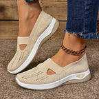 Cream mesh knit slip-on trainers with triangular cut-out and tan-white platform sole, styled with denim and a gold anklet