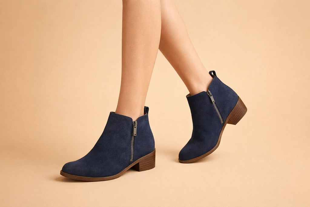 Navy blue suede ankle boots with side zip and wooden-look stacked heel, worn with bare legs