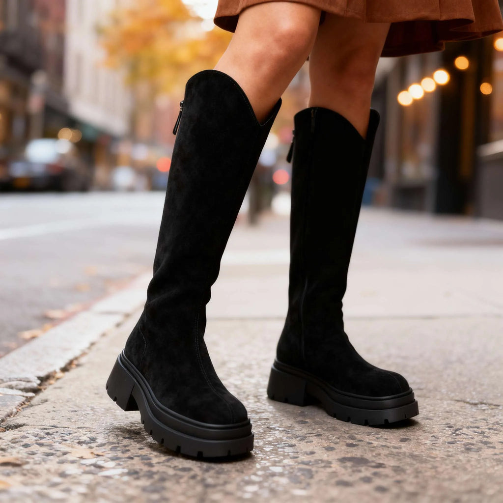 Knee-high black suede boots with rear zip detail and thick platform sole, shown walking on a paved sidewalk