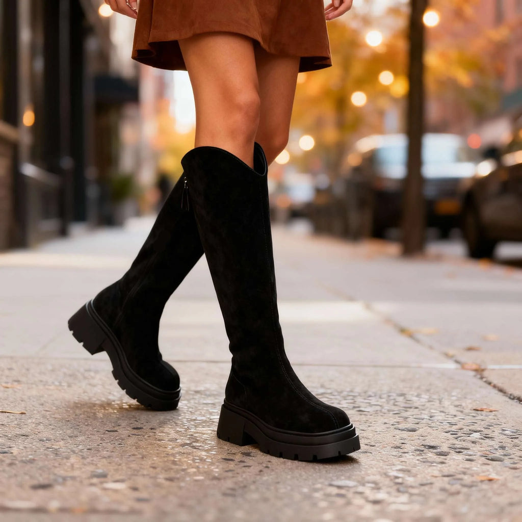 Side profile of black suede knee-high boots walking outdoors, showing the notched top edge and lug sole