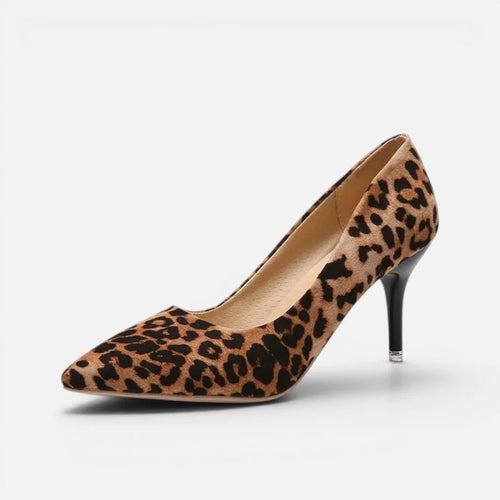 Side view of leopard print suede kitten heel pump with pointed toe and slim heel, tan insole visible