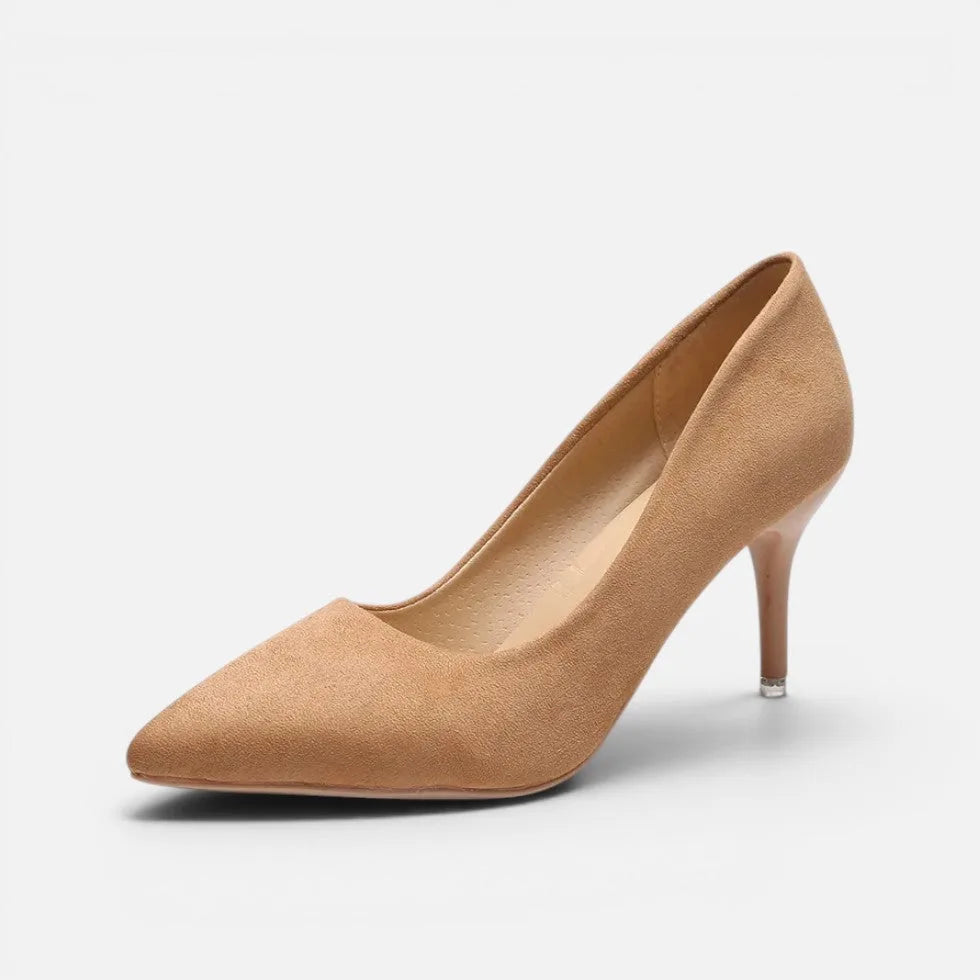 Side profile of tan suede pointed toe kitten heel pump with slim mid heel and clean silhouette