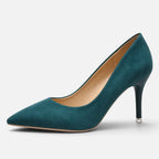 Side profile of teal green suede pointed toe kitten heel shoe with slim heel and pointed silhouette