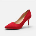Side profile of red suede pointed toe kitten heel shoe with slim heel and pointed silhouette