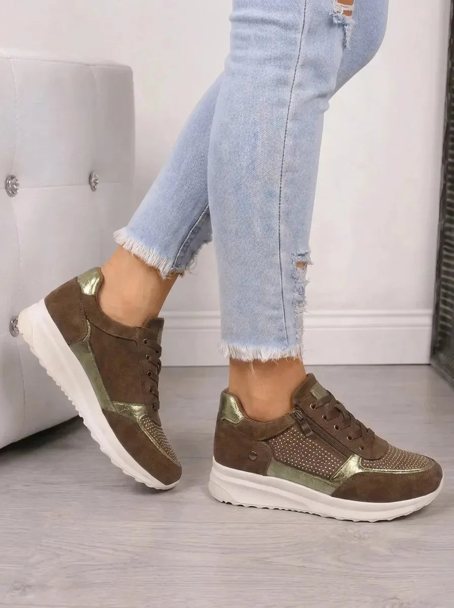Brown suede trainers with bronze metallic trim, rhinestone panel and white cushioned outsole