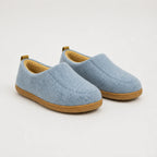 Pair of light blue wool-felt slippers with mustard fleece lining and olive pull tabs on tan soles