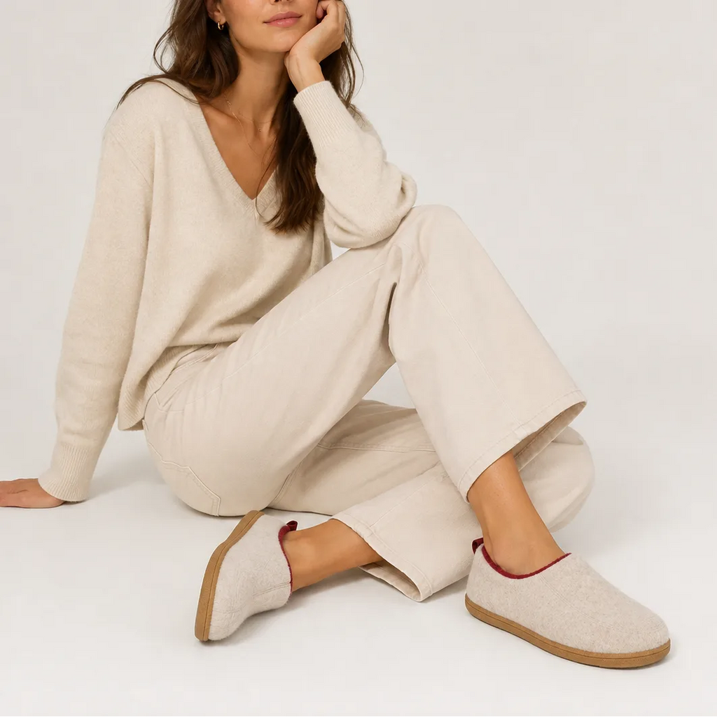 Woman seated wearing beige felt slippers with burgundy trim, styled with a cream jumper and trousers