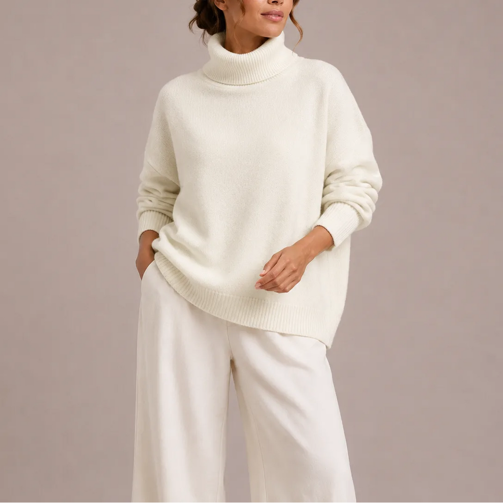 Cropped front view of a cream polo neck jumper showing the soft knit texture and ribbed hem detail.
