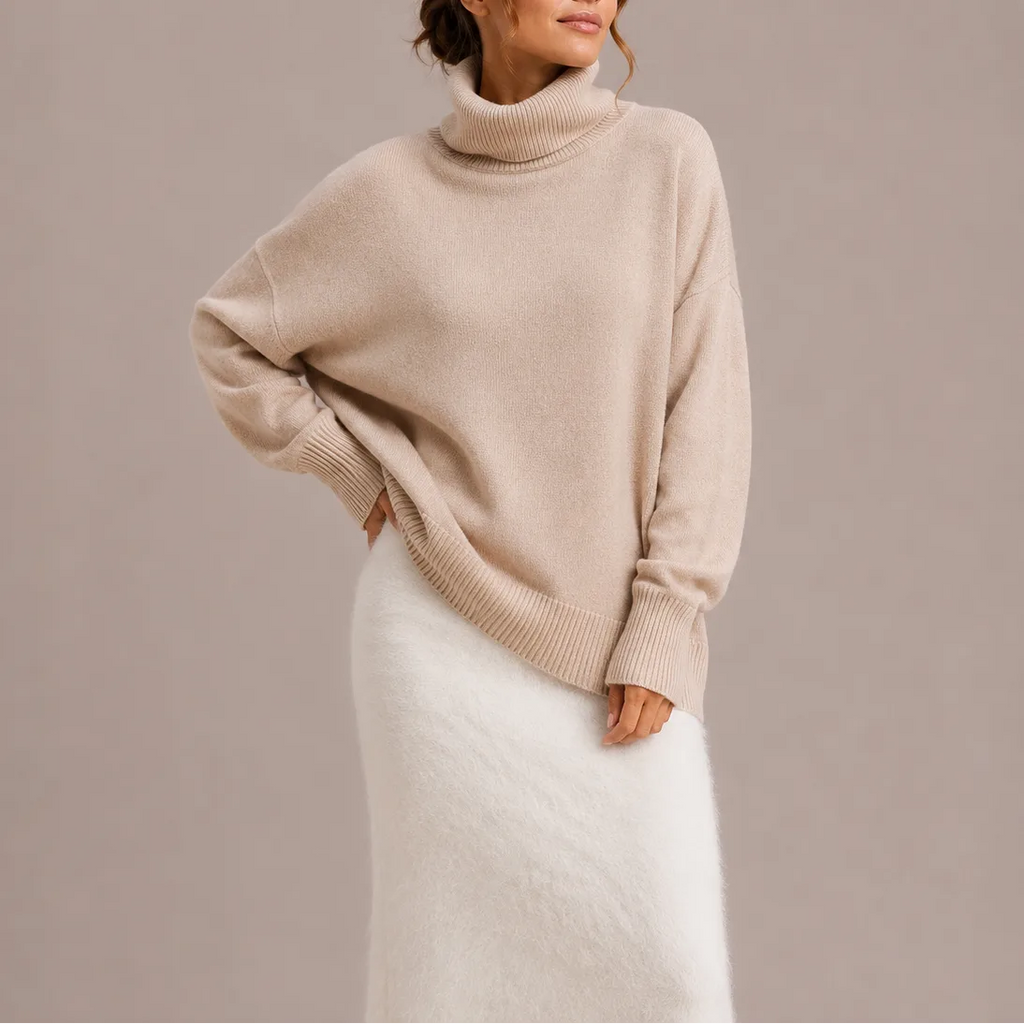 Front view of a beige oversized polo neck jumper worn with a cream fuzzy knit midi skirt.