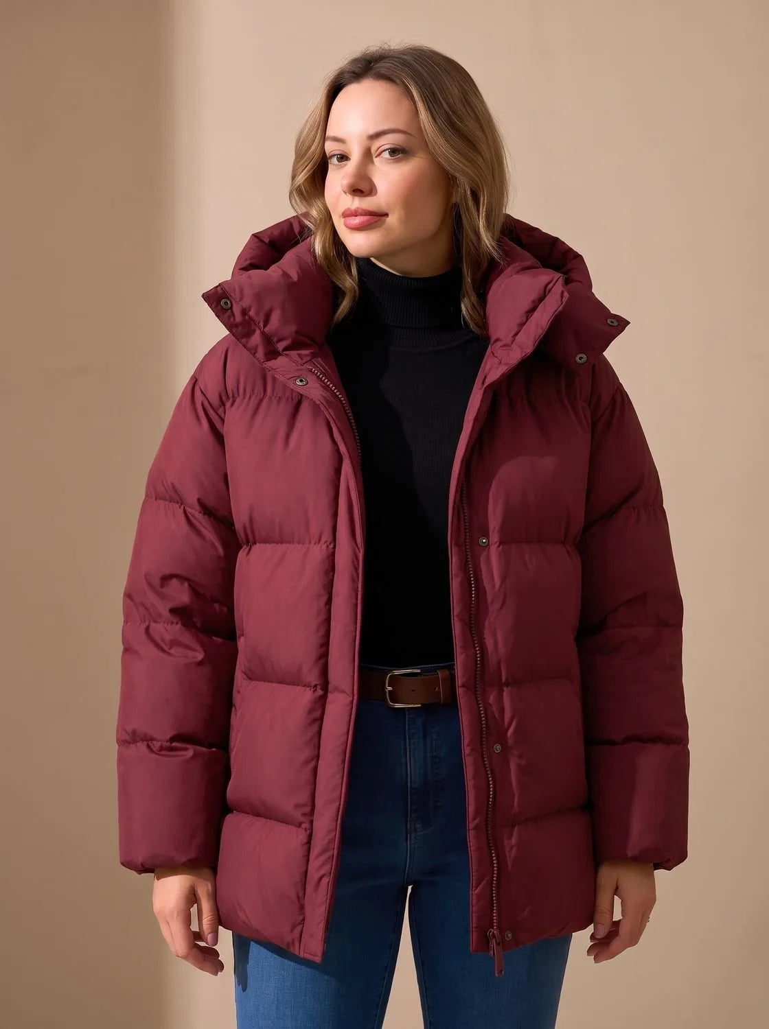 Front view of a burgundy quilted puffer jacket with a stand-up hood, worn open over a black polo neck and belted jeans.