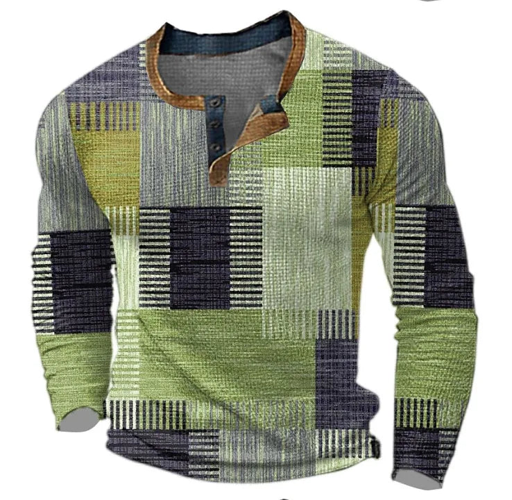 Green and navy patchwork-print long-sleeve Henley top with buttoned collar, shown front on hanger