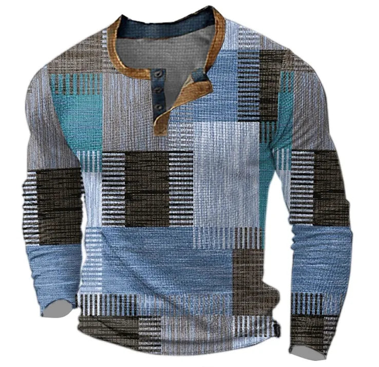 Blue and brown patchwork-print Henley top with contrast collar and three-button placket, front view