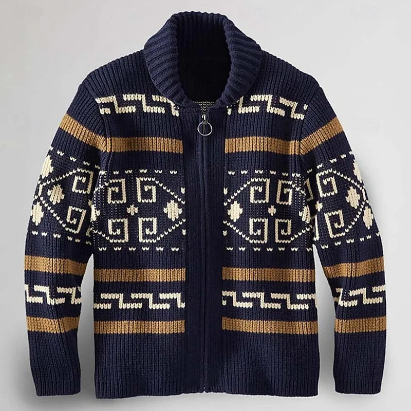 Patterned Zip Cardigan with Shawl Collar