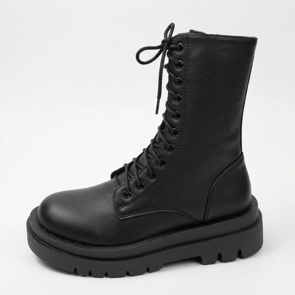 Platform Leather Combat Boots with Lace-Up Front