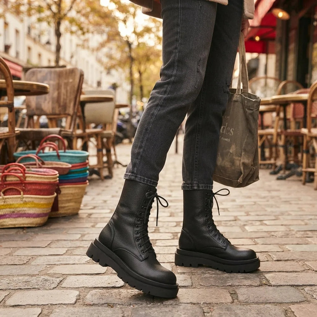 Woman walking on a cobbled street wearing black lace-up platform combat boots with jeans