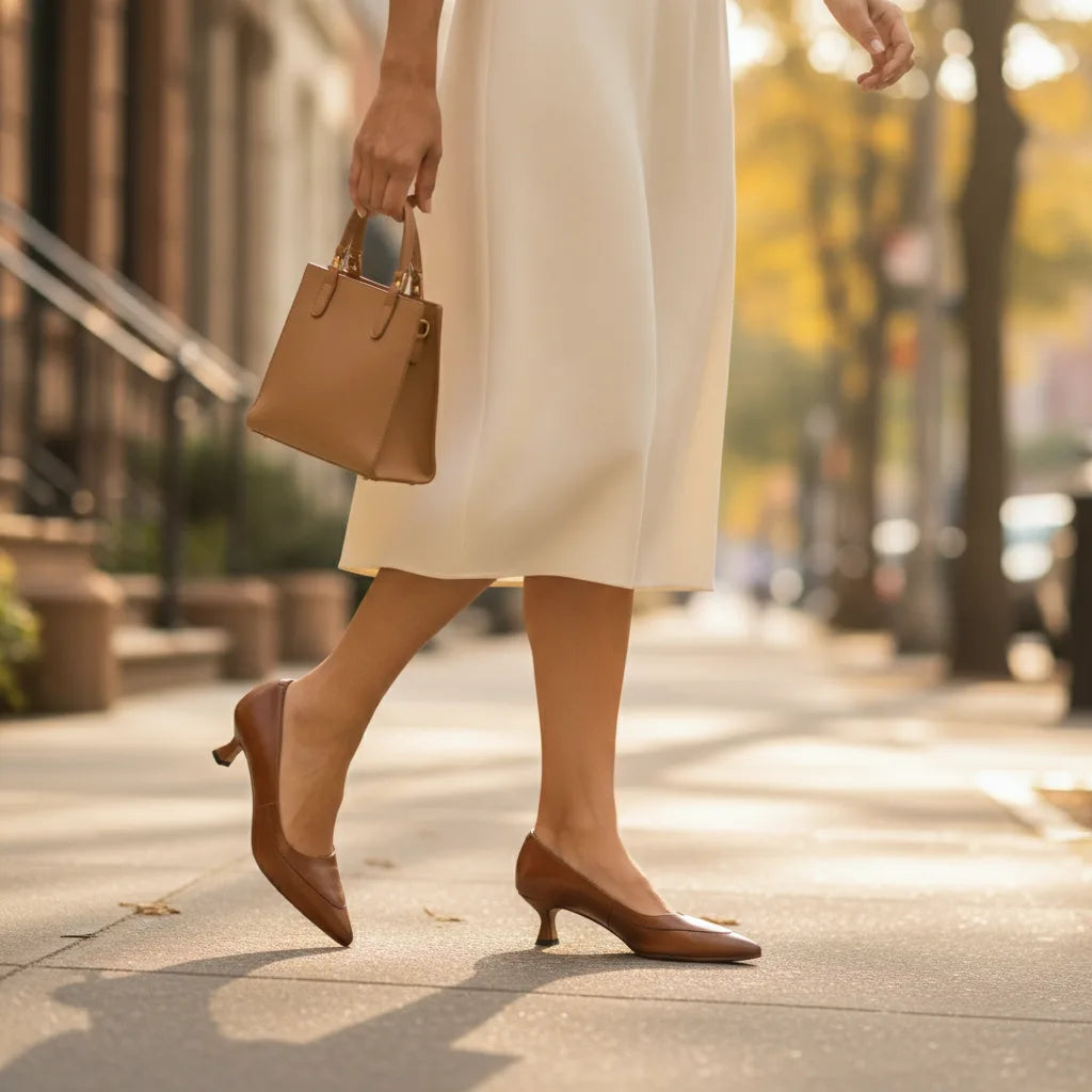 Close-up of a woman walking in tan kitten heel pumps paired with a cream midi skirt and tote bag