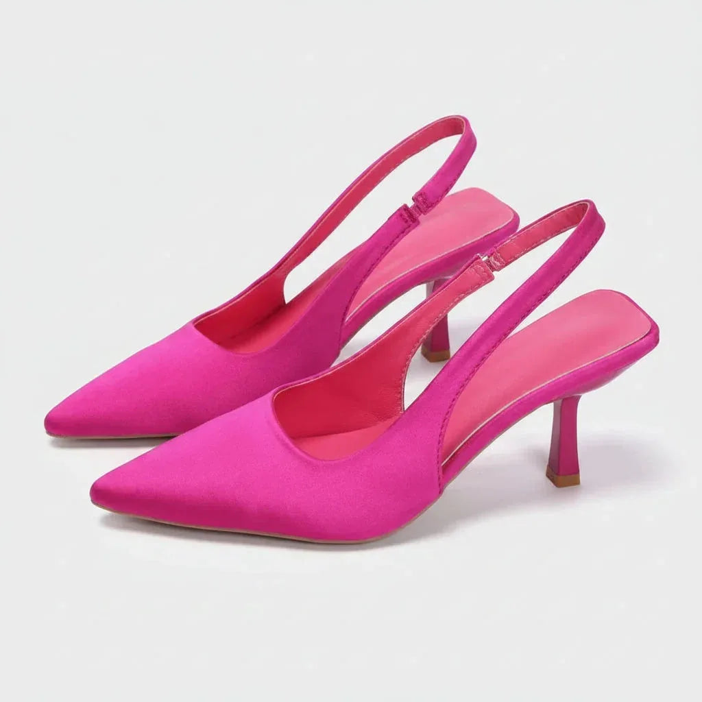 Fuchsia pink satin slingback pumps with contrasting hot pink insole and slim heel