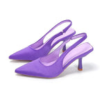 Purple satin slingback pumps with lilac insole, shown in a matching pair on a plain background