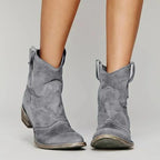Grey suede ankle boots with V-notch topline, pointed toe and vintage-finish heel, worn from behind