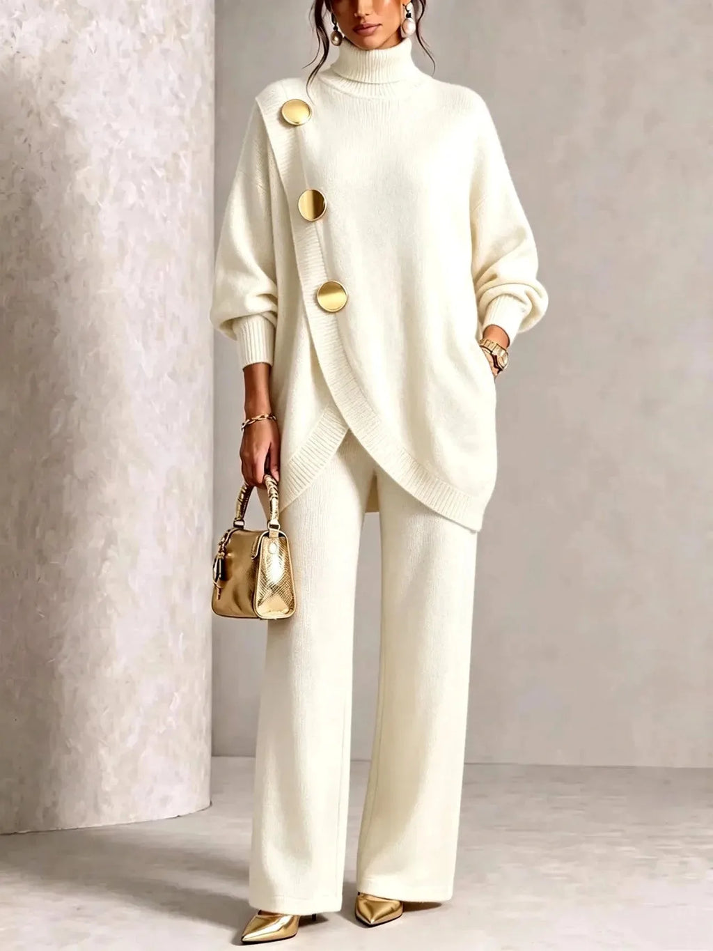 Cream polo neck knit set showing the ribbed cuffs and loose batwing sleeve detail