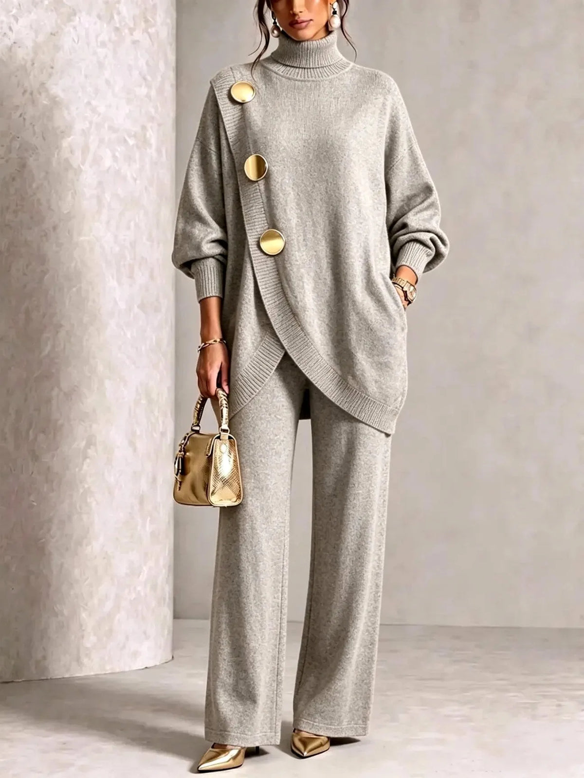 Light grey oversized knit two-piece set with crossover hem and gold statement buttons, paired with gold heels