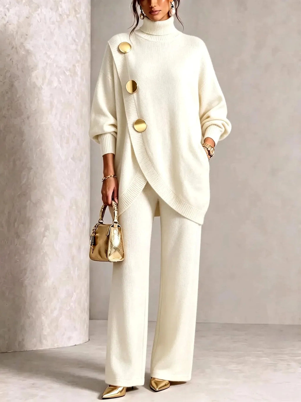 Cream knit polo neck tunic with diagonal gold-button placket and wide-leg trousers, shown with gold accessories