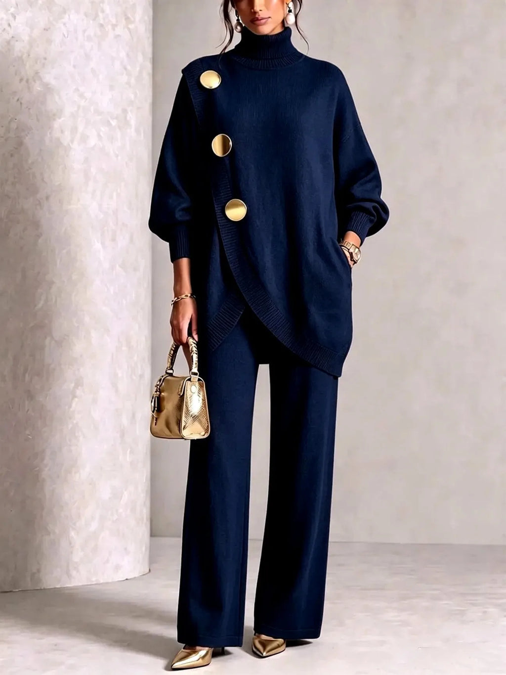 Navy blue polo neck jumper and trouser set with gold disc buttons, worn with a gold handbag and pointed heels