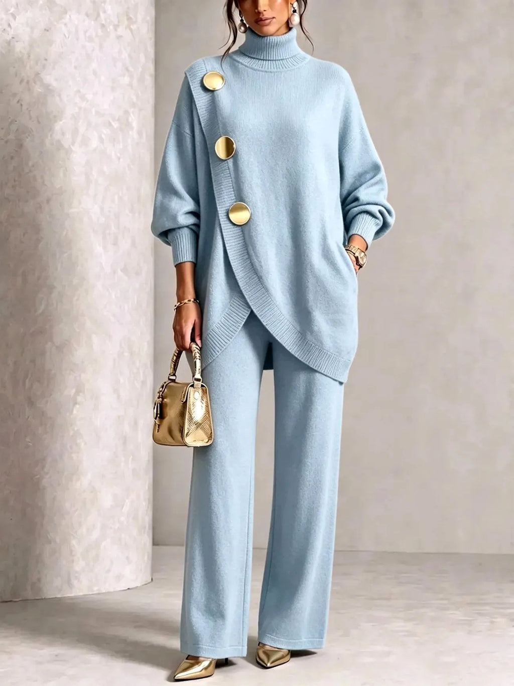 Pale blue knit two-piece set featuring a draped asymmetric hem and oversized gold buttons on the shoulder